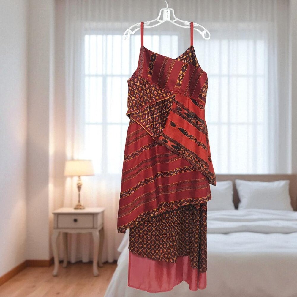 100% Silk Dress XL Layered Spaghetti Straps Burgundy Red Gold